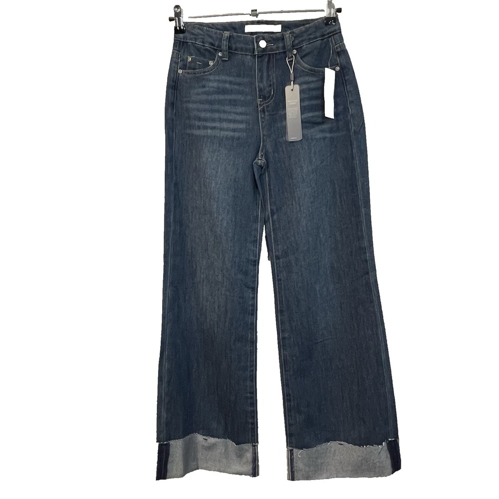 Tractr Women's 12 Dark Indigo Denim Wide Leg With Rolled Cuffs‎ Loose Fit Jeans